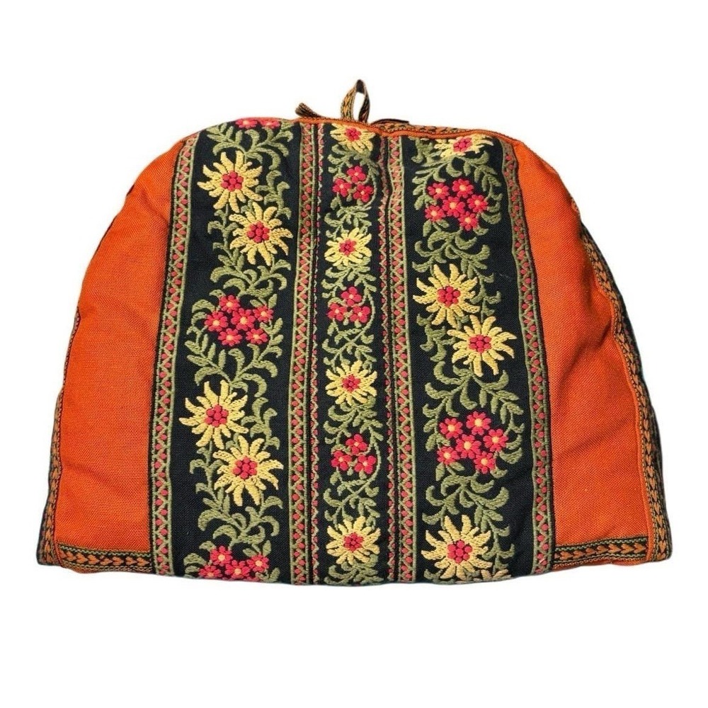 Vintage Floral Embroidered Tea Cozy Orange Canvas Insulated Tea Pot Cover